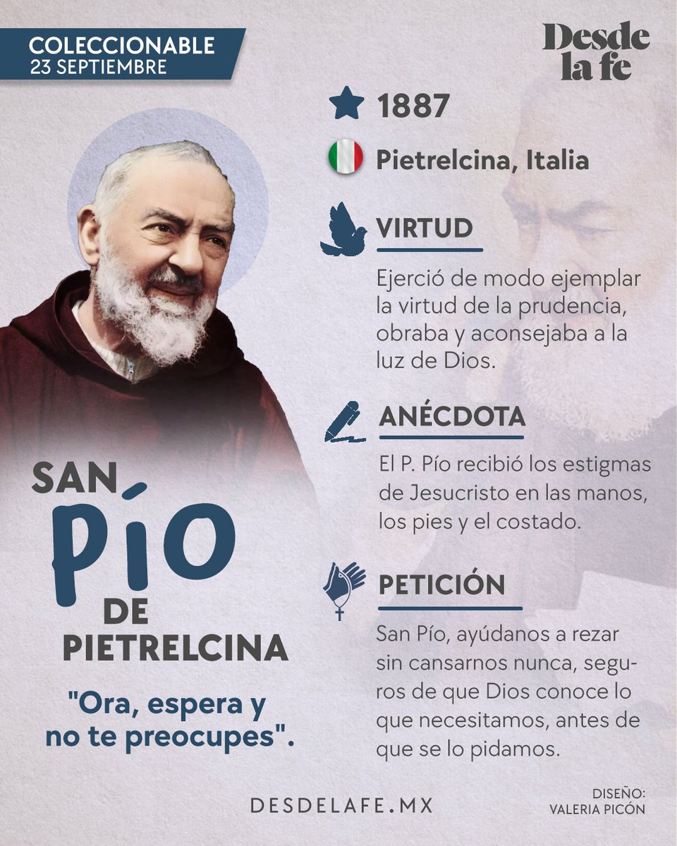 DesdeLaFeMx's tweet photo. Este 23 de septiembre la Iglesia recuerda a San Pío de Pietrelcina, conocido como el Padre Pío. 😇🙌

Te compartimos más de su historia: 
https://t.co/0ED1yECVUb 

#SantoralDLF #PadrePío https://t.co/kCVReGObxR