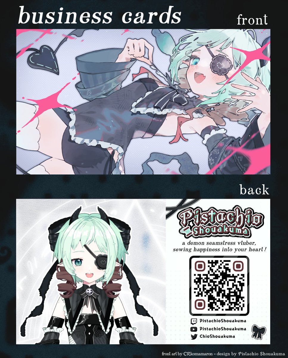 ChioShouakuma's tweet photo. Chio business cards are here ~  .ᐟ  ˎˊ-

if you're going to Oshi Conbini in Toronto, a chiewer will be handing these out .ᐟ

i made it so the front side is just artwork, so you can display it like a tiny print .ᐟ 🤍 cool right ? ! https://t.co/OziM2yeuvC