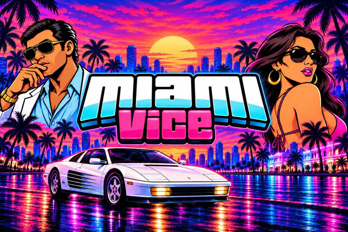 duggiano's tweet photo. From the Arctic to South Beach 🧊🌴

I brought you Blizzard Blitz. Decided it was time to turn up the heat.

Miami Vice, my newest game, is LIVE on @apechurch 

Neon nights, palm trees, and a whole new set of reels.

Welcome to the 305. 🎰 https://t.co/6hmm1xEXKw