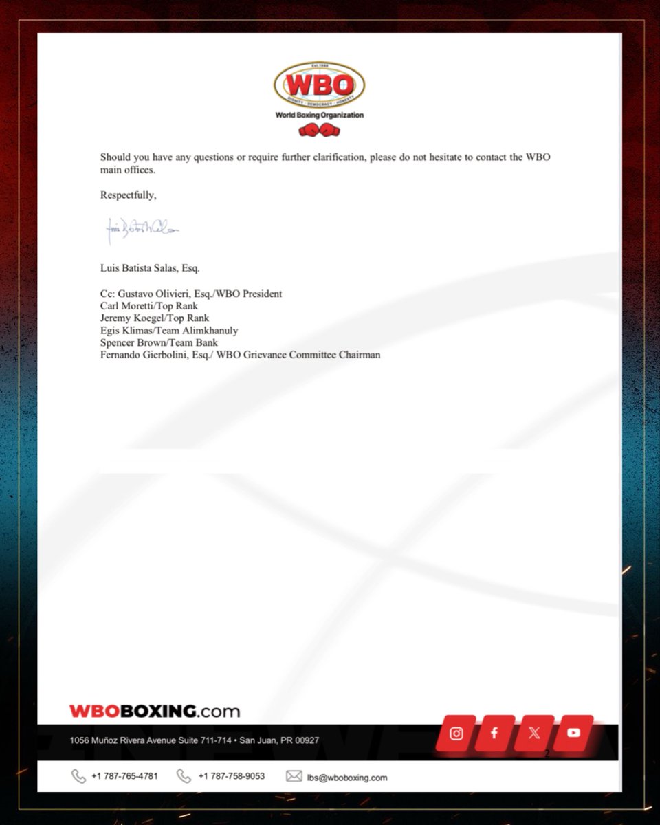 WorldBoxingOrg's tweet photo. Negotiations officially ordered. 🥊

The WBO has ordered negotiations for the Vacant WBO Super Middleweight World Championship between Zhanibek Alimkhanuly and Jacob Bank. Parties have until October 7 at 4:00 p.m. AST to reach an agreement. https://t.co/yvexzVHaGS