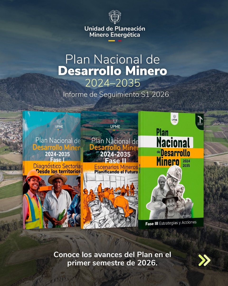 UPMEOficial's tweet photo. 📊 Presentamos el Informe de Seguimiento S1 2026 del Plan Nacional de Desarrollo Minero 2024–2035.

Desde la UPME hacemos seguimiento a la implementación del Plan, que durante el primer semestre de 2026 alcanzó un 22 % de ejecución acumulada y registró avances en 275 municipios de 28 departamentos, con acciones dirigidas a fortalecer los procesos de formalización y el sector minero.