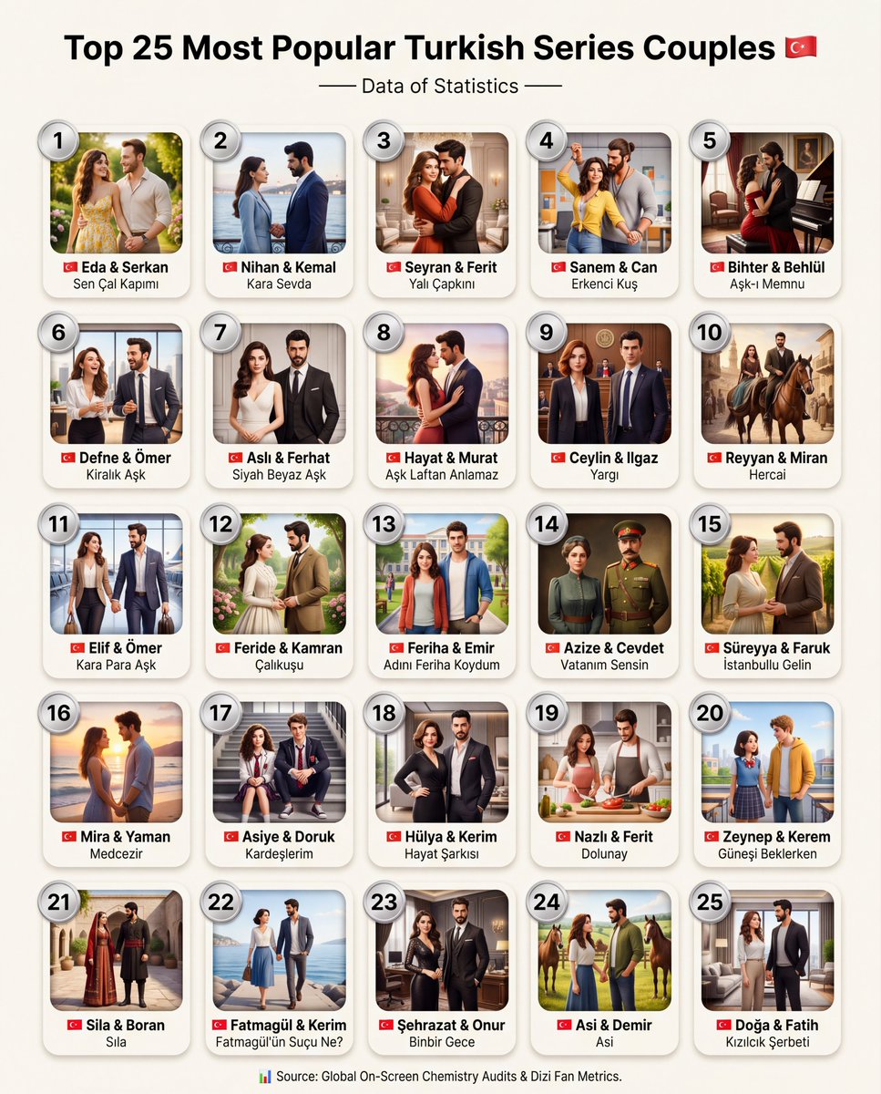 DataOfStats's tweet photo. Top 25 Most Popular Turkish Series Couples 🇹🇷
1. 🇹🇷 Eda & Serkan (Sen Çal Kapımı)
2. 🇹🇷 Nihan & Kemal (Kara Sevda)
3. 🇹🇷 Seyran & Ferit (Yalı Çapkını)
4. 🇹🇷 Sanem & Can (Erkenci Kuş)
5. 🇹🇷 Bihter & Behlül (Aşk-ı Memnu)
6. 🇹🇷 Defne & Ömer (Kiralık Aşk)
7. 🇹🇷 Aslı & Ferhat (Siyah Beyaz Aşk)
8. 🇹🇷 Hayat & Murat (Aşk Laftan Anlamaz)
9. 🇹🇷 Ceylin & Ilgaz (Yargı)
10. 🇹🇷 Reyyan & Miran (Hercai)
11. 🇹🇷 Elif & Ömer (Kara Para Aşk)
12. 🇹🇷 Feride & Kamran (Çalıkuşu)
13. 🇹🇷 Feriha & Emir (Adını Feriha Koydum)
14. 🇹🇷 Azize & Cevdet (Vatanım Sensin)
15. 🇹🇷 Süreyya & Faruk (İstanbullu Gelin)
16. 🇹🇷 Mira & Yaman (Medcezir)
17. 🇹🇷 Asiye & Doruk (Kardeşlerim)
18. 🇹🇷 Hülya & Kerim (Hayat Şarkısı)
19. 🇹🇷 Nazlı & Ferit (Dolunay)
20. 🇹🇷 Zeynep & Kerem (Güneşi Beklerken)
21. 🇹🇷 Sila & Boran (Sıla)
22. 🇹🇷 Fatmagül & Kerim (Fatmagül'ün Suçu Ne?)
23. 🇹🇷 Şehrazat & Onur (Binbir Gece)
24. 🇹🇷 Asi & Demir (Asi)
25. 🇹🇷 Doğa & Fatih (Kızılcık Şerbeti)
📊 Source: Global On-Screen Chemistry Audits & Dizi Fan Metrics.