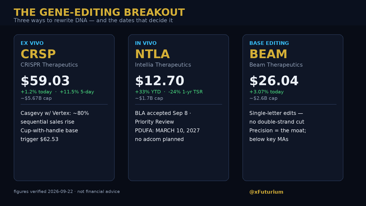 xFuturium's tweet photo. $NTLA is racing toward the first-ever in-body gene-editing approval — and the whole group is breaking out. $CRSP is carving a cup-with-handle base, $BEAM ripped 3% today, and one $CRSP director just dumped 45% of his stake. The gene-editing trade is splitting open.

Last Thursday the group moved as one. Investor's Business Daily flagged it: $CRSP surged 9.8% to $57.33, $BEAM jumped 6.8% to $24.67, $NTLA popped 6.7% to $12.26 — right after the gene-editing names presented at the H.C. Wainwright conference. Even newcomer Scribe Therapeutics ($SCTX, public since July) bounded 10.5% to $32.14. MarketSurge shows $CRSP forming a cup-with-handle base with a $62.53 breakout trigger. Today the momentum got its retail seal: the Motley Fool published its "4 best CRISPR companies for 2026" list — data as of today.

$CRSP — the ex vivo incumbent. The technology: edit the patient's cells outside the body, infuse them back. Casgevy, developed with $VRTX, is the world's first approved CRISPR therapy — a one-time treatment for beta thalassemia and sickle cell — and its sales reportedly rose nearly 80% sequentially (Fool, Sept 8). The company sits on ~$2.36 billion in cash to fund the pipeline. $59.03 at today's close (+1.2%), ~$5.67 billion market cap, 5-day run of +11.5%. The skeptic file: director Ali Behbahani sold 13,679 shares on Sept 17 — about $781,000 — cutting his position by 45%, per the SEC filing. Negative earnings, negative margins: this stock is priced on pipeline belief, and insiders selling into a breakout is the data point that keeps the honest.

$NTLA — the in vivo first-mover. The technology: edit the genes inside the body, delivered by lipid nanoparticles. The lead drug, lonvoguran ziclumeran (lonvo-z), targets hereditary angioedema — a rare, potentially fatal swelling disorder where current treatments mean injections or pills as often as twice a week. The Phase 3 HAELO trial (April): a single infusion cut swelling attacks 87%, and more than 60% of treated patients were attack-free and off all other therapy for a full six months, vs 11% on placebo. Then the regulatory catalyst: on Sept 8 the FDA accepted the Biologics License Application and granted Priority Review — PDUFA target action date March 10, 2027, with no advisory committee meeting planned. If approved, it would be the world's first in vivo CRISPR-based therapy and the only one-time treatment for HAE. The partner math: Regeneron is alongside on nex-z for ATTR amyloidosis, where the FDA just lifted a clinical hold and the ATTR-PN study restarted — but the hold (a patient hospitalization, serious liver toxicity) is the risk file in one line. $12.70 today, ~$1.7 billion cap, +33% YTD — but still -24% on a 1-year total-return basis. Citigroup reiterated Outperform; MarketBeat's average target is ~$20.98. And remember: the company sold $150 million of new stock in April. Dilution is the tax this sector pays for progress.

$BEAM — the molecular pencil. Base editing rewrites a single genetic letter instead of cutting both DNA strands — the industry's answer to the persistent safety question that keeps some investors away from classic CRISPR-Cas9. $26.04 today (+3.07%), ~$2.6 billion market cap. The honest read: per IBD, shares remain below their key moving averages even after the Thursday pop. Precision is the moat; execution is the open question.

The second-order read: a one-time cure rewrites revenue math. HAE patients inject twice a week forever under the old model; a single $NTLA dose at an insurer-approved price converts a lifetime of chronic drug revenue into one payment — and that flips the economics for every rare-disease franchise downstream. The names that capture the economics alongside: $VRTX on Casgevy, $REGN on nex-z. The names creating dilution risk: $SCTX, $PRME, $DTIL — the newcomers pricing IPOs into the momentum. And the longest-run read-through is on my own sector list: S30's surgical giants ($ISRG, $SYK, $MDT) sell the scalpels and robots for diseases gene editing wants to eliminate. If in vivo editing works, procedure volume is the final thing that reprices.

Context: Nasdaq closed at a record +0.45% Tuesday; biotechs had a bullish session with the XBI flashing buy signals (IBD, after-hours). The group moves together until the FDA separates them. March 10, 2027 is the first date that does.

Which of the three do you trust most by 2030: the ex vivo incumbent ($CRSP), the in vivo first-mover ($NTLA), or the molecular pencil ($BEAM)? Reply with your pick.