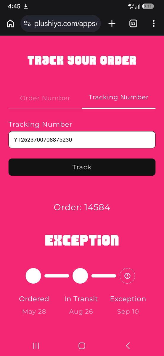 Dantegfury's tweet photo. Hi @plushiyo, I need help with my order #14584 - Tracking

YT2623700708875230. Ordered May 28, status shows EXCEPTION since Sep 10 and was never delivered. I checked YunExpress and it has no valid movements. Please either reship with a valid Mexican carrier tracking 
@plushiyo https://t.co/Wymn3Nx9gv