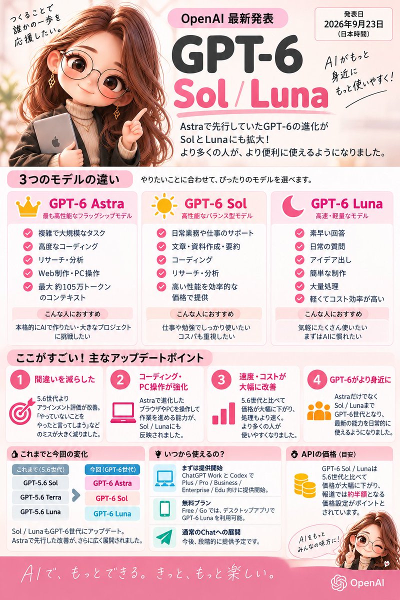 ane5mama's tweet photo. 【OpenAI最新発表】GPT-6に「Sol / Luna」が登場！

「Astra・Sol・Lunaって結局なにが違うの？」 という人向けに、できるだけ簡単にまとめました👇

ざっくり言うと
👑 Astra → とにかく高性能。難しい仕事・大規模タスク向け
☀️ Sol → 性能とコストのバランス型。仕事や勉強にも使いやすい
🌙 Luna → 速くて低コスト。日常使いや大量処理向け

今回のポイントは、Astraで導入された「専門業務・事実性・コーディング・PC操作・アラインメント」の進化が、より高速・低コストなSol / Lunaにも広がったこと。
さらにAPI価格は、GPT-5.6世代のプロモーション価格と比較してSol / Lunaともに50％引き下げられました。

つまり、

「一番すごいAIだけ進化した」ではなく
「高性能なAIを、用途に合わせてもっと使いやすくした」

というアップデート！

AI初心者さんは、まず
「Astra＝本気」
「Sol＝バランス」
「Luna＝気軽」
くらいで覚えておけばOKです◎