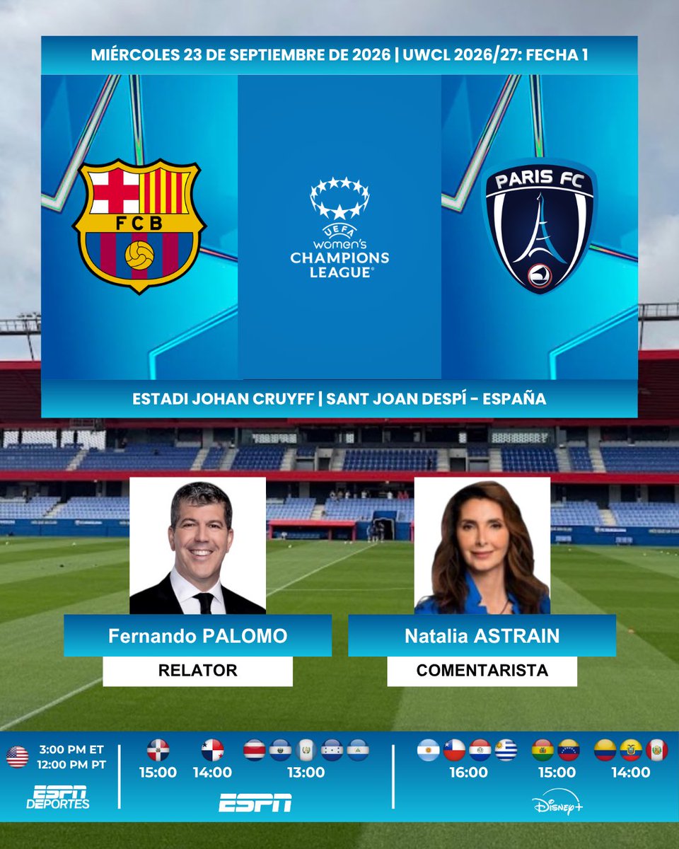 ProgramacionUS's tweet photo. ⚽️ #UWCL | #Barcelona 🇪🇸 vs. #ParisFC 🇫🇷
🎙️Relator: @fernandopalomo
🎙️Comentarista: @Astrain_coach
📺 @ESPNDeportes 🇺🇸
📺 #ESPN Centroamérica y 🇩🇴
💻📱#ESPNApp 🇺🇸
💻📱@disneyplusla Latinoamérica (❌🇲🇽)
#️⃣ #UWCLxESPN - #BarçaParisFC https://t.co/x8PlnWQ62X