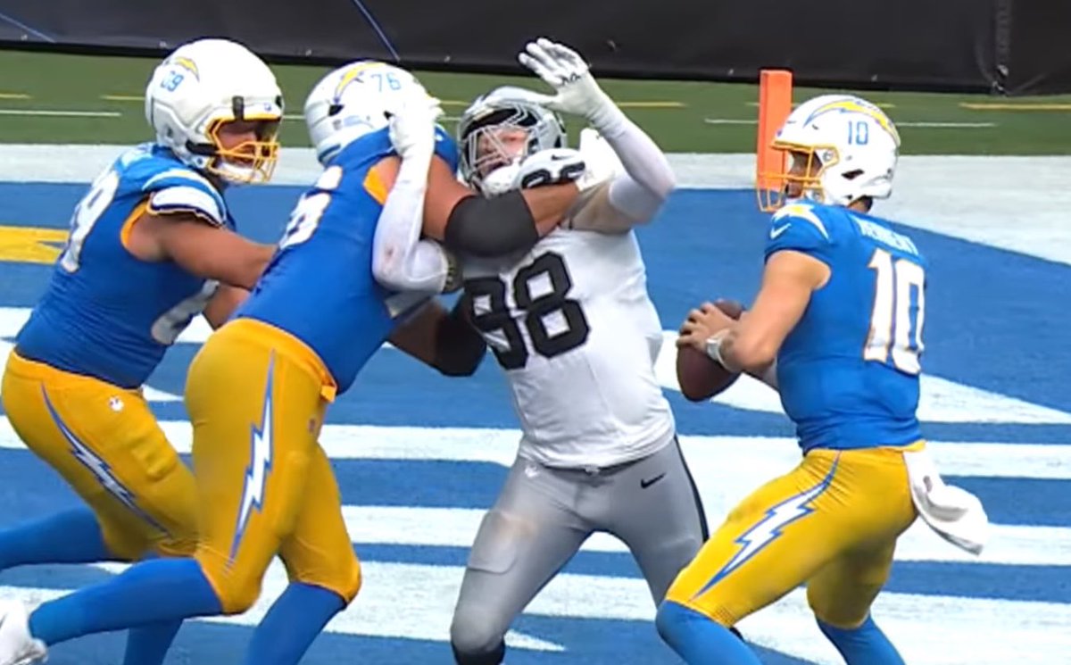 MikeKennedyNFL's tweet photo. Remember when the Ravens backed out of the Maxx Crosby deal because of his health?

That hasn’t even been a second thought this season.

11 pressures (5th)
22.0% win rate (5th)

All while being double teamed at the highest rate among edges - 60%!

Ate Joe Alt alive on Sunday. https://t.co/YKdlEguRSj