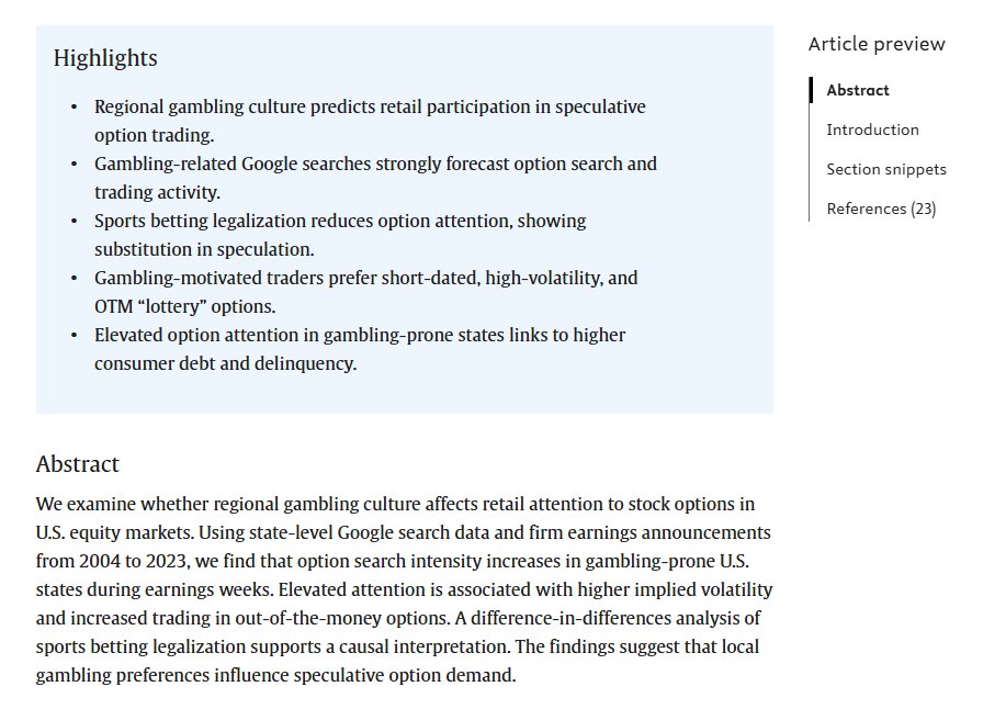 strangeraisin's tweet photo. new Journal of Financial Markets paper found that after sports betting was legalized, stock option search interest fell ~20% in high gambling states.

during major sporting events it fell ~20% again.

around earnings, option attention in those same states was 100 to 150% higher.

options and sportsbooks might be competing for the same customer more than finance wants to admit.