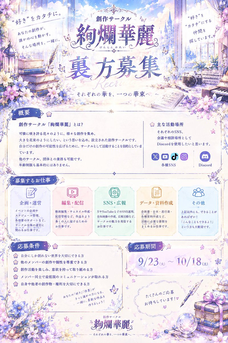 kenrankarei8787's tweet photo. 表には出たくないけれど、創作する方々を裏から支えたい、応援したい！という、裏方志望の方を募集させていただきます！

・お手伝いをするのが好きな方
・企画運営が得意な方
など！

応募DMはこちら⬇
@ichigo_mikan39

ちなみに裏方もリトリン乗ります
 #裏方募集  #募集  #裏方 https://t.co/diLsfgzbci