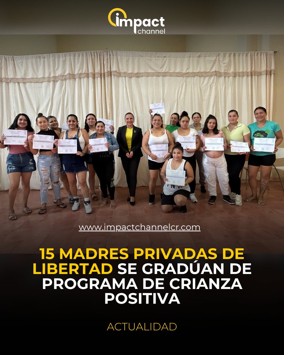 ImpactChannelCR's tweet photo. Un grupo de 15 madres privadas de libertad del CAI Vilma Curling completó la Academia de Crianza, un programa de ocho sesiones impartido por el PANI para fortalecer la crianza positiva, los vínculos afectivos y el establecimiento saludable de límites con sus hijos.

El Ministerio de Justicia y Paz informó que estas capacitaciones se realizan periódicamente y que otras 20 mujeres sentenciadas iniciarán próximamente el programa tras solicitar voluntariamente su participación.