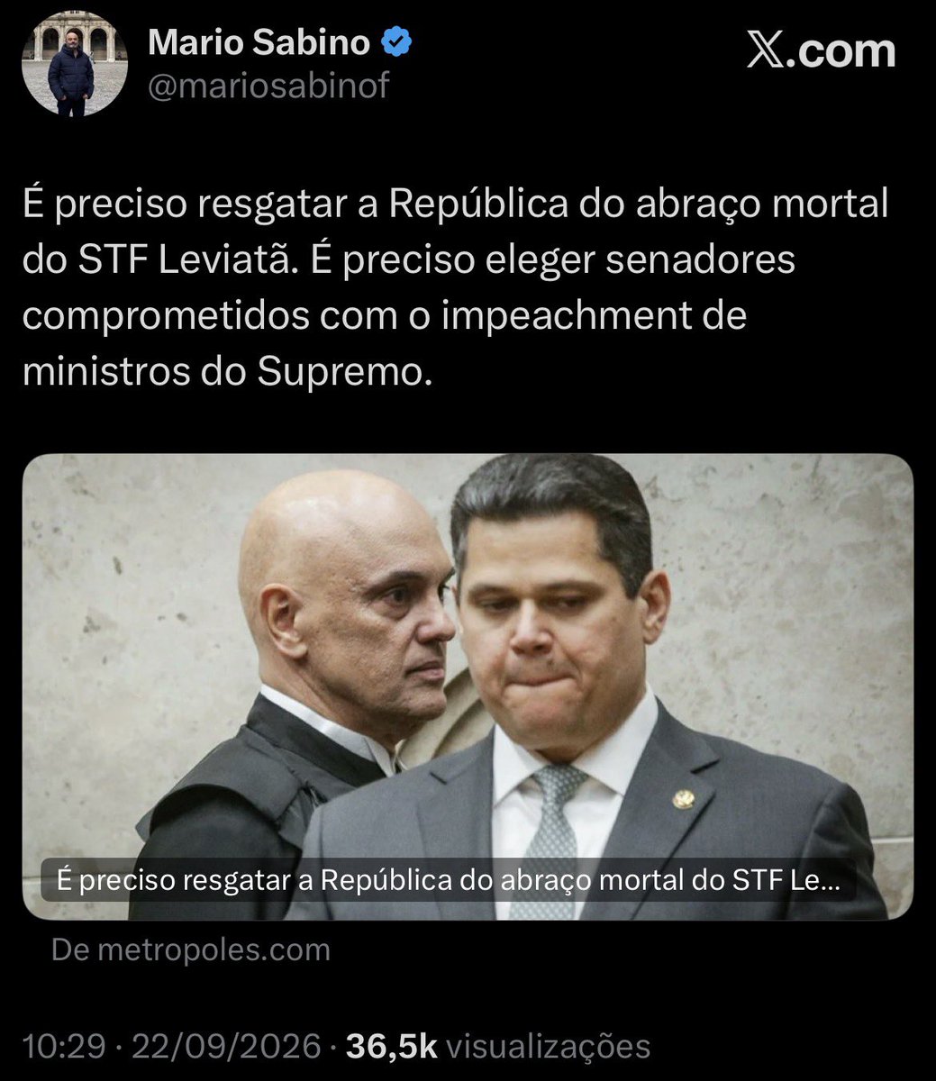 mauad_joao's tweet photo. Mário Sabino! 👇👊

“Em completa subversão do seu papel constitucional, o STF é, hoje, o maior agente de instabilidade político-institucional.

Desde que foi instaurado o teratológico inquérito das fake news, a mais alta instância do Judiciário se tornou um Leviatã que estende a sua sombra ameaçadora sobre os demais poderes da República e sobre todos os aspectos da vida nacional, cerceando a ação partidária legítima e o livre pensamento quando eles não são da sua conveniência.

Sem quaisquer limites impostos pela lei e pela honra, ministros passaram a se querer donos do poder, de um poder absoluto que os corrompe absolutamente tanto do ponto de vista moral, como material.

Não há que esperar de um monstro que elimine a sua monstruosidade, e a nação pôde constatar esse truísmo na sessão da qual Alexandre de Moraes deveria ter saído na condição de ministro investigado e afastado das suas funções.

Como é impossível que o STF promova a autolimpeza necessária para que volte ao seu leito de promotor de paz social, é o Senado que precisará executar o saneamento, tal como lhe confere a Constituição. 
Tão importante quanto a eleição presidencial será, portanto, o pleito para a Câmara Alta do Legislativo.

É urgente eleger senadores comprometidos em levar adiante o impeachment de ministros do STF, em livrar o tribunal dos seus elementos perniciosos. Não como vingança pessoal ou política qualquer, mas como ato de salvamento da República. Para que a tarefa seja cumprida, Davi Alcolumbre não pode permanecer na presidência do Senado. Cúmplice do atual estado de coisas, o seu lugar é a lata de lixo da História.

Não existe democracia na qual existem cidadãos que se comportam como se estivessem acima da lei e que, investidos de deveres constitucionais, violam a própria Constituição para satisfazer os seus apetites mais baixos, deixando a sociedade em anomia.

É preciso resgatar a República do abraço mortal do Leviatã. A eleição para o Senado é o único caminho.”