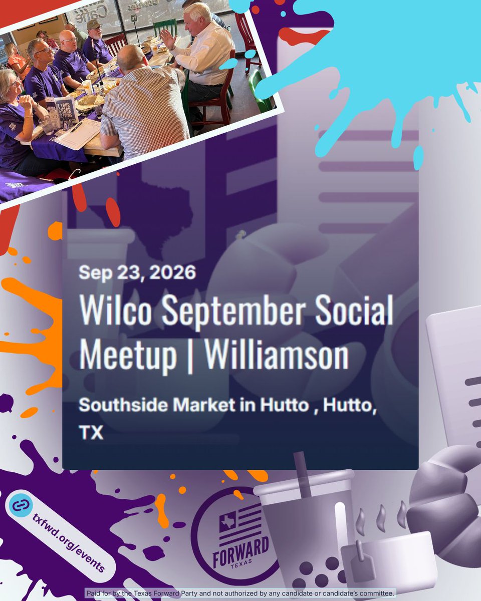 FWD_Texas's tweet photo. We're fired up about BBQ and ballots! 🍖🗳️ Join the Williamson County Forward Party for our September Social Meetup at South Side BBQ in Hutto!
🔗 RSVP here: https://t.co/CSzwnt8XSB
#ForwardParty #TexasForward #WilliamsonCounty #HuttoTX #ATXPolitics https://t.co/dsHEMIjdt0