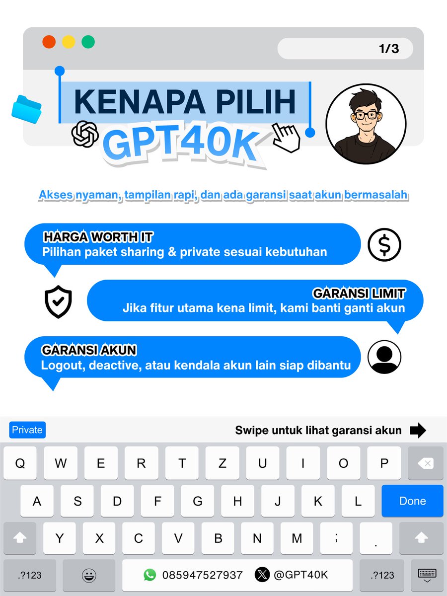 JUALGPTMURAH's tweet photo. Kenapa pilih kami buat beli GPT Plus 30k/bulan?

Kamu dapat Garansi Limit + Garansi Akun. Login cepat, OTP nggak pake lama nunggu.

Order sekarang.

Testimoni: https://t.co/cfr3N4CskO

#zonauang #bealanja https://t.co/XAtuyqdc4P