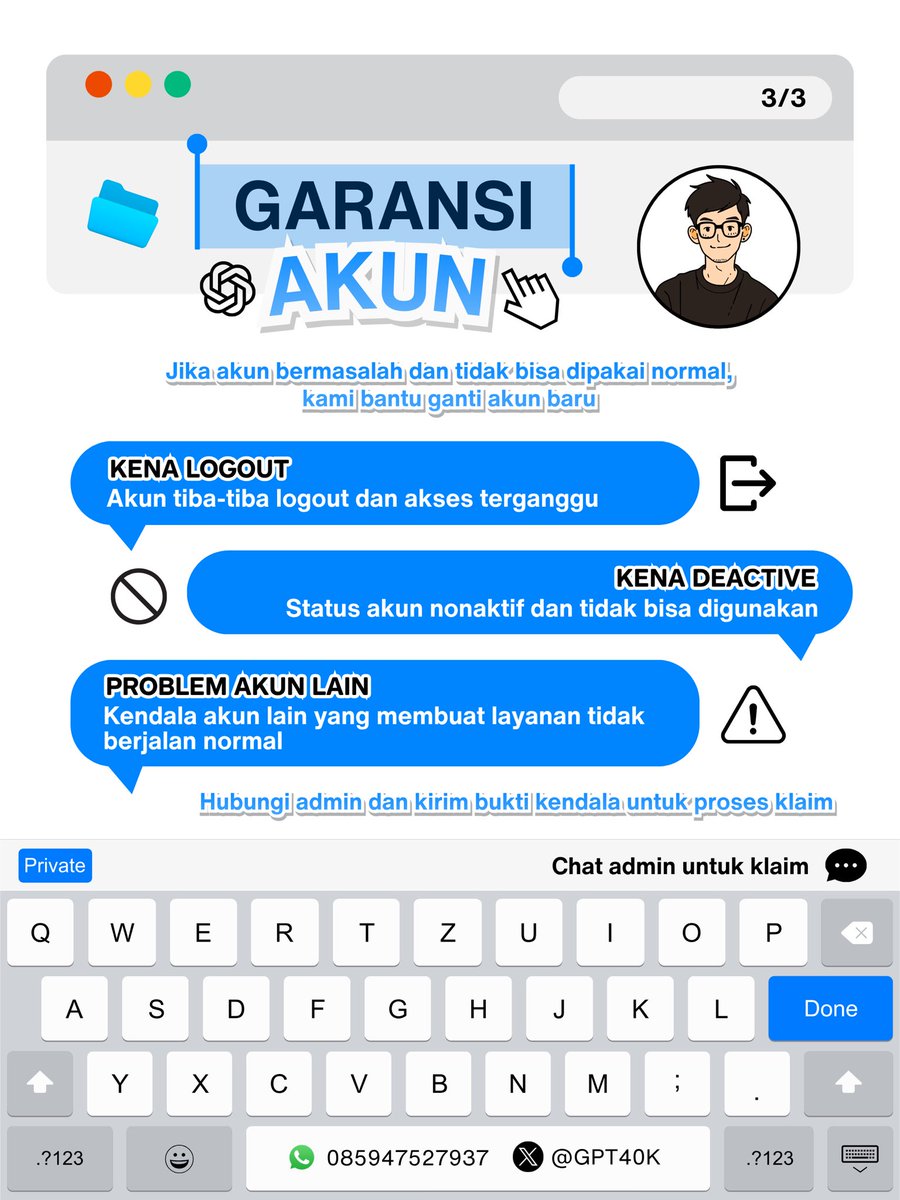 JUALGPTMURAH's tweet photo. Kenapa pilih kami buat beli GPT Plus 30k/bulan?

Kamu dapat Garansi Limit + Garansi Akun. Login cepat, OTP nggak pake lama nunggu.

Order sekarang.

Testimoni: https://t.co/cfr3N4CskO

#zonauang #bealanja https://t.co/XAtuyqdc4P