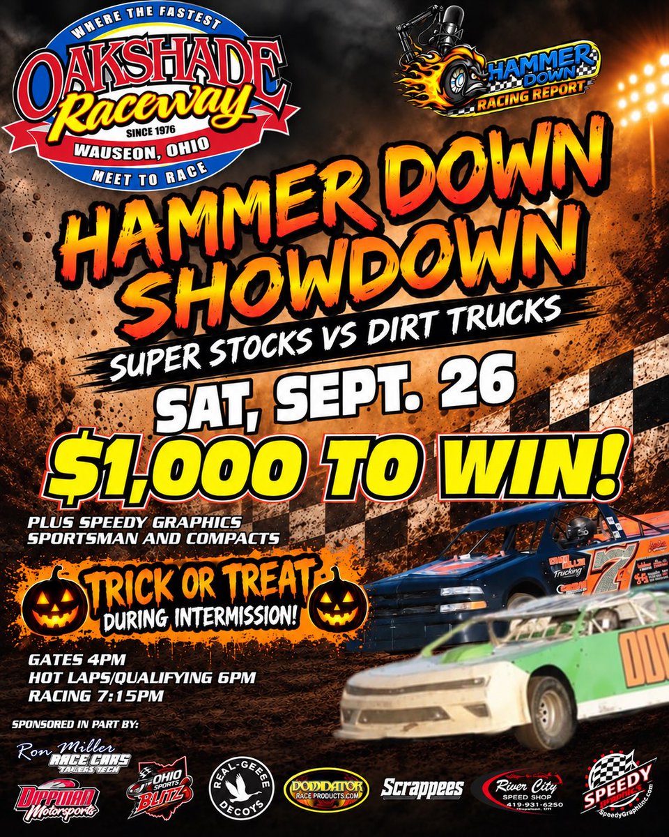 OakshadeRaceway's tweet photo. IT’S THE LAST RACE, PEOPLE! 🏁

The rain FINALLY decided to leave us alone, and now the sun is supposed to show up! ☀️🙌

🔥 LAST RACE OF THE SEASON
🎃 TRICK OR TREAT DURING INTERMISSION
🏁 HAMMER DOWN SHOWDOWN
💰 $1,000 TO WIN https://t.co/dbz376fY7g