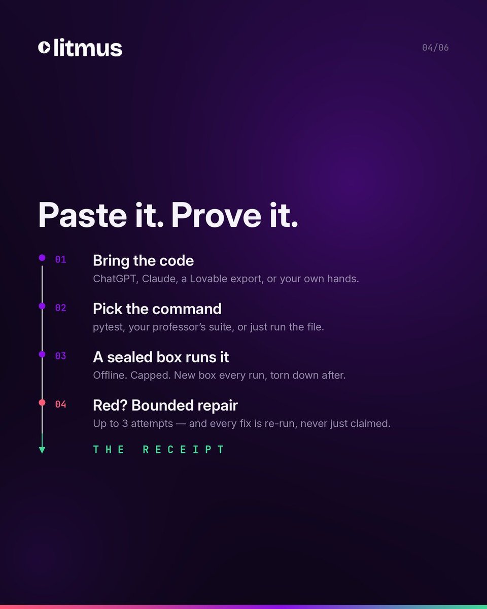 melonrice383235's tweet photo. The dangerous part of AI code isn’t that it’s messy.
It’s that it looks finished.

I’m building a place where you pick your model, generate the code, and immediately see it pass or fail for real — homework tests, your tests, not the model saying “looks good.” https://t.co/AeGzDk4gqw
