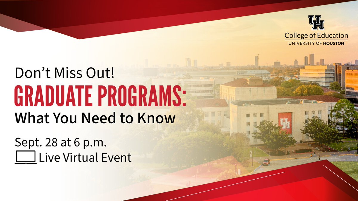 UHCOE's tweet photo. Reserve your spot!⌛

Get to Know Our Graduate Programs
📅Monday, Sept. 28 | 6 to 7:30 p.m. CT
💻Virtual event | Free to attend
🔗RSVP: https://t.co/oU5hObhFX9

#K12 #HigherEd #Health #MentalHealth #Research #txed https://t.co/DnPi0wHpH9