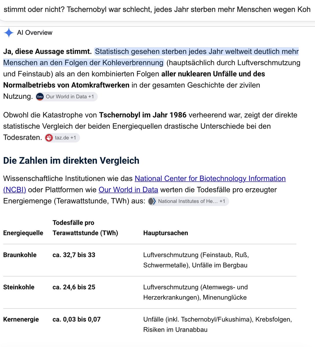RichardSocher's tweet photo. > Es macht keinen Sinn Krebspatienten gehen Wissenschaftler aufzuwiegen.
Genau, das genau passiert aber wenn Dir der Fortschritt in einer Industrie weniger wichtig ist also die Jobs in dieser Industrie. 

Perspektivlosigkeit ist ein Phaenomen wenn man nicht mehr an der Zukunft arbeiten will und nur noch den Status Quo und die momentane Arbeit genau so beibehalten will, nichts veraendern will . Das ist eine Einstellung die dazu fuehrt, dass das ganze Land immer weiter zurueckfaellt. Perspektive und Hoffnung kommen wenn man aktiv an etwas arbeitet und einen konstruktiven Optimismus ins Land bringt.

Re KI-Tschernobyl
Tschernobyl war schlecht. Jedes Jahr sterben aber mehr Menschen wegen Kohle als in allen Jahren von der zivilen Nuklearenergie in deren gesamten Geschichte (inkl Tschernobyl und Fukushima etc)! So aehnlich kann das auch mit der KI passieren. Panik, keine Ahnung der Statistik und der vielen positiven Auswirkungen einer neuen Technologie. Lieber viele Menschen sterben von Kohle also weiter Nuklearenergie besser und sicherer zu machen.. Der Status Quo der Welt ist momentan suboptimal und wir koennen uns muessen in vaeraendern!