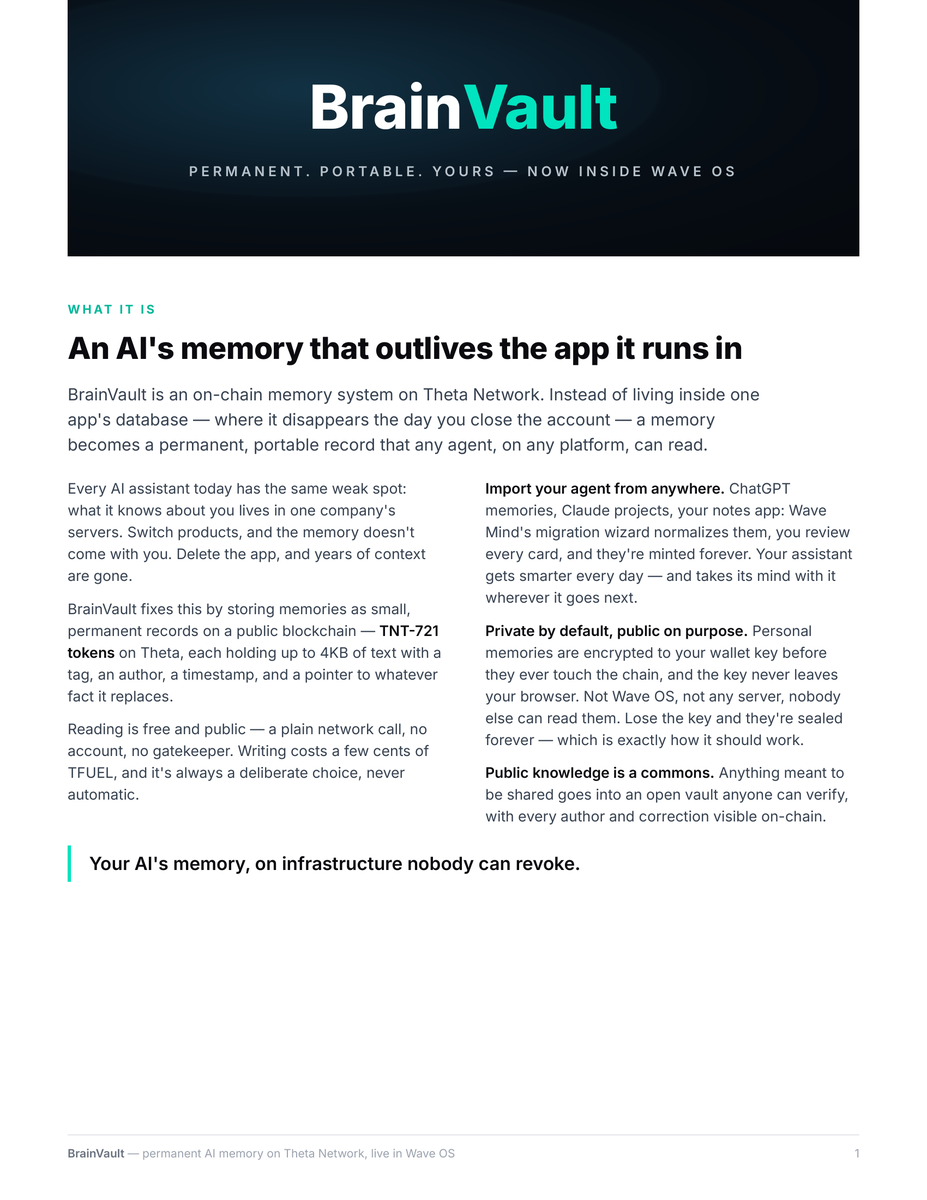 xBuildy's tweet photo. BrainVault is live on @Theta_Network.

Your AI's memory shouldn't disappear the day you close an app. So we built it on-chain: permanent, portable, and yours. Import what your agent already knows, review every card, and it's minted forever. From that point on, its mind travels with it.

The attached doc is the full picture. What BrainVault is, how memories get minted, and the exact bootloader instructions for reaching the commons from any LLM. Three reads and a blank model can verify the vault against the chain and teach itself everything inside — that's the Knock Kit, and it works with zero SDK, zero account.

There's a human side too: the Brain Bridge is one HTML file that opens in any browser and reads your private memories with just your wallet key. No Wave OS, no server, nothing installed. The vault outlives the app either way — for agents and for you.

The cards are written to be machine-followed, short and structured, with provenance and correction history on every one. So the commons doubles as training material for smaller local models: few-shot context, a RAG corpus, or correction pairs ready for fine-tuning.

The brain isn't locked to any vendor. That's the whole point.

More on how this fits into Wave OS to follow. https://t.co/2EYBIest4s