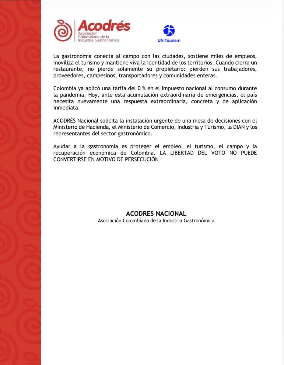 AcodresCo's tweet photo. Colombia necesita que sus cocinas sigan abiertas. 🇨🇴 ACODRÉS Nacional propone medidas temporales para apoyar al sector gastronómico ante las emergencias que afectan distintas regiones del país:

La gastronomía necesita un respiro real. https://t.co/OFAcDoZS0f