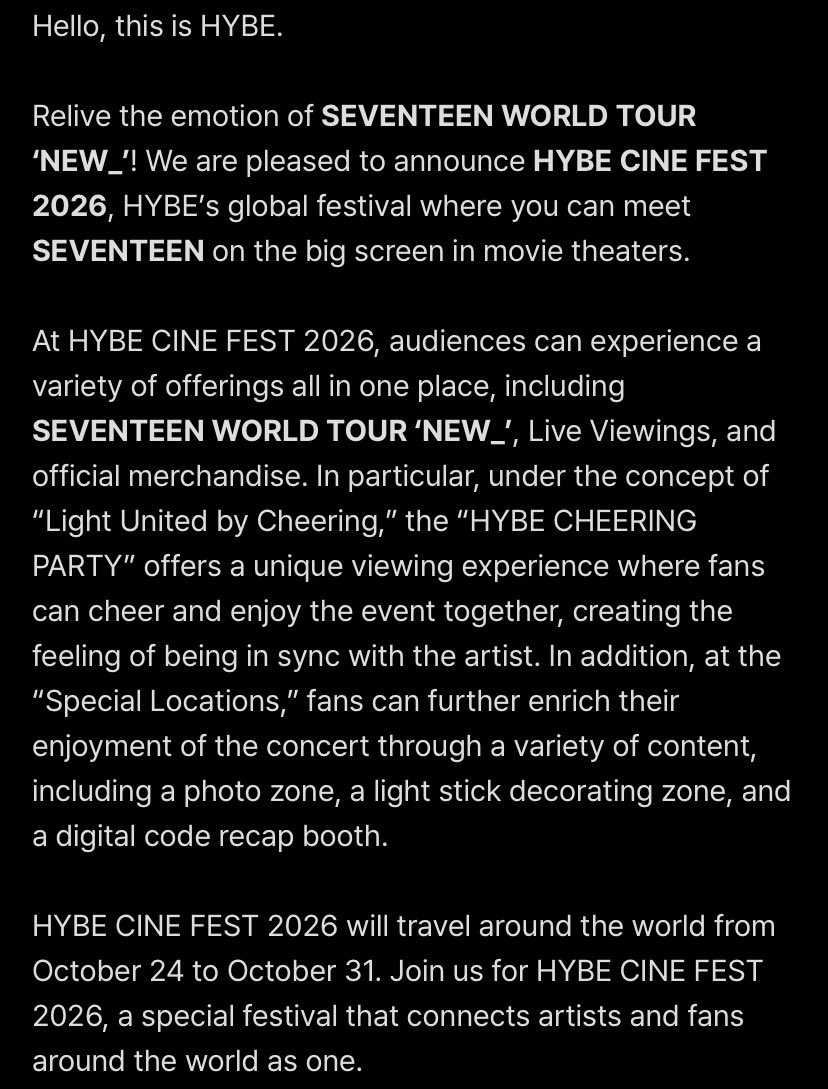 lovingsvntn's tweet photo. MANILA is included in the HYBE CINE FEST on October 24-31!! 

what: SEVENTEEN World Tour NEW_ 
where: SM Mall of Asia
when: October 24 to October 31, 2026

tickets will be available on September 30, 2026!! 

for more details go to https://t.co/4yeaMWSVxq https://t.co/pHDD8qXXSD