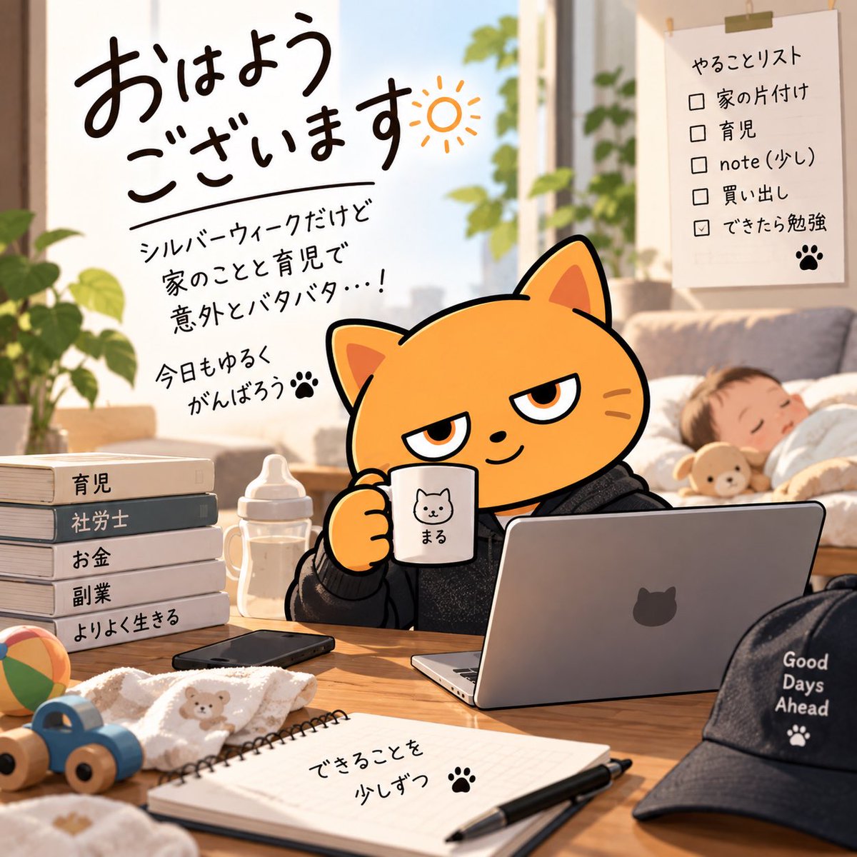 marunouchi30s's tweet photo. おはようございます！

シルバーウィークで仕事は休みだけど、家のことと育児で意外とバタバタ😂

昨日はその合間にnoteも書きました。

休みだから何でもできるわけじゃない。
できる時間に、できることを少しずつ。

今日もゆるく頑張ります🐱 https://t.co/oni9vJ5MpQ