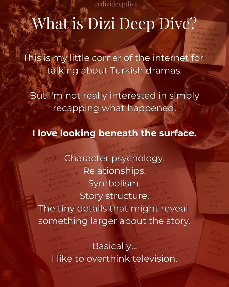 dizideepdive's tweet photo. Hi, I’m Amelia, the writer behind Dizi Deep Dive. 🤍

I love looking closely at Turkish dramas: character psychology, relationships, symbolism, narrative structure, and all the little details that make a story linger.

I’m new to X, but not new to deep-diving into great stories. https://t.co/2hq4UCkQgF