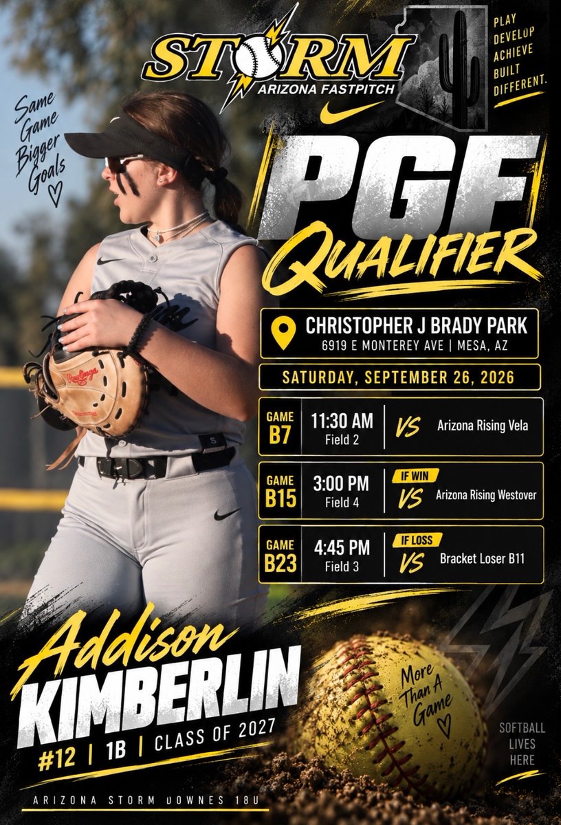 AddiKimberlin27's tweet photo. Chasing a PGF berth this weekend! ⚡️🥎
Excited to be back on the field with @AZStorm_Downes
📍 Christopher J. Brady Park | Mesa, AZ
🗓️ Saturday, Sept. 26
⏰ First game: 11:30 AM | Field 2
Addison Kimberlin | 2027 | 1B | #12
#PGF #2027Softball #FirstBase #ArizonaStorm https://t.co/P3AAA6yMi7