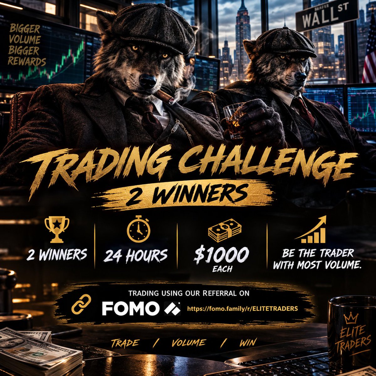 moodywsw's tweet photo. CHALLENGE $1000 - 2 Winners.  

2 Winners, 24 hours, $1000 each
Be the trader with most volume.
Trade using our referral on FOMO: https://t.co/jHPF0i8Ss7

We're giving away an extra $100 to 5 followers on X that likes, comment and RT this post. Good Luck! Feel free to DM me anytime.