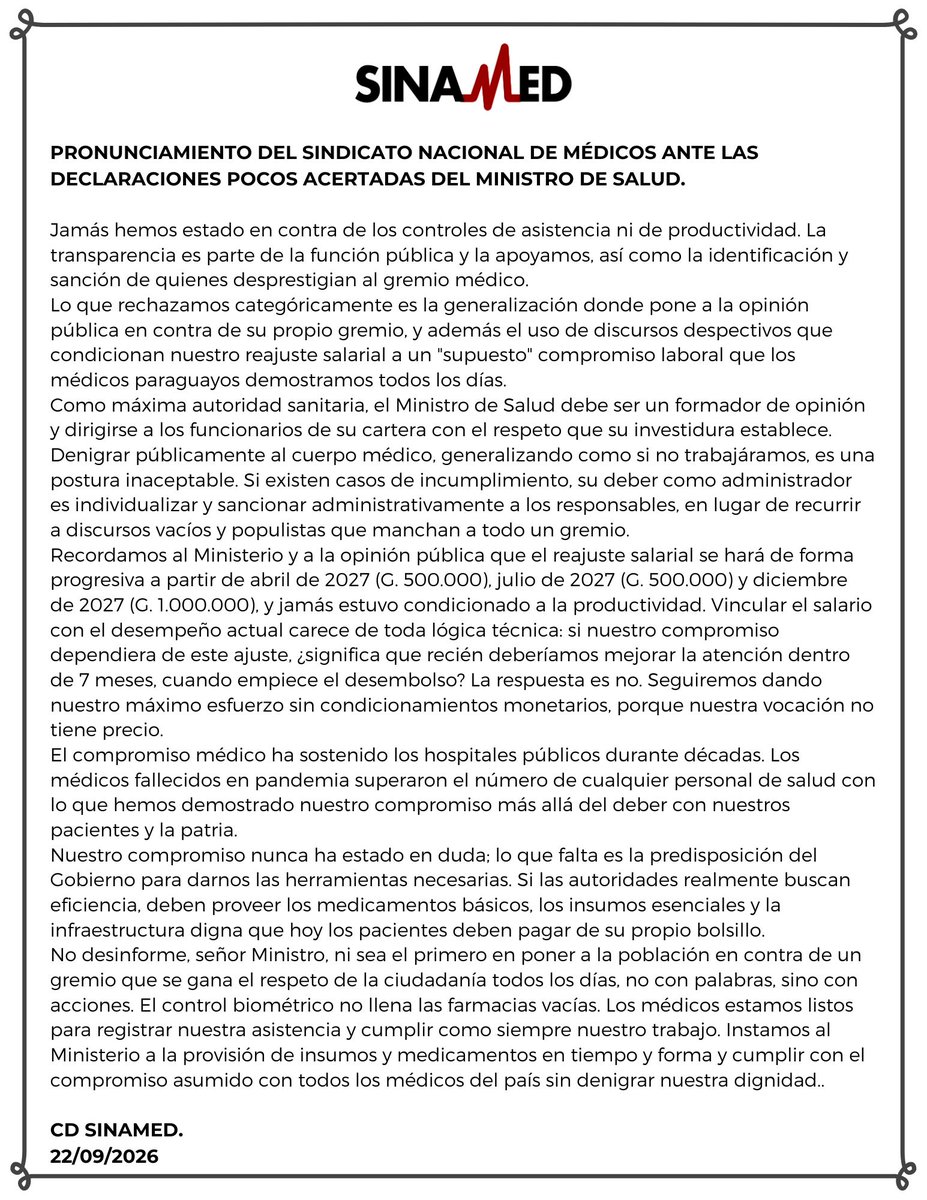Sinamed_MSPYBS's tweet photo. Pronunciamiento #SinamedPy https://t.co/mZwO1kzqsX