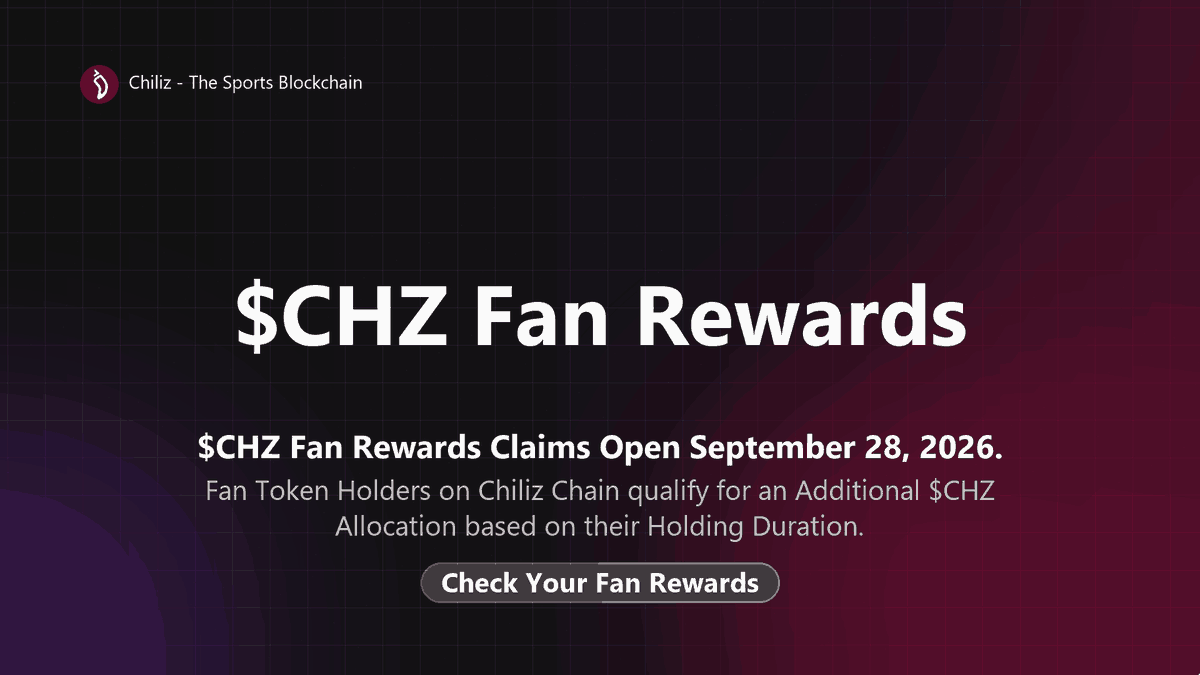 Chillangs's tweet photo. $CHZ Fan Rewards Update
                                                            
Claims open September 28, 2026. Fan Token holders on Chiliz Chain may receive an additional $CHZ allocation based on how long they’ve held their tokens.

You can check your fan rewards when claims open.
https://t.co/gXWwOlJu1T