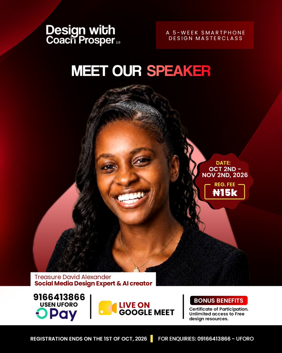 IamCoachProsper's tweet photo. Design × AI × Creativity. 🔥
Meet our speaker at DWCP 2.0.
Don’t miss this one. 👀
Register here;
https://t.co/ZJM94M2coW https://t.co/R1yzZ0Kw4A