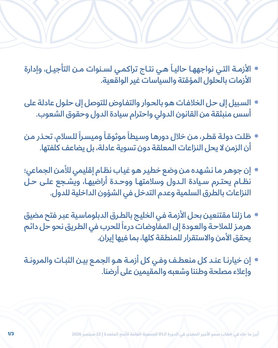AmiriDiwan's tweet photo. أبرز ما جاء في خطاب سمو الأمير المفدى في الدورة الـ81 للجمعية العامة للأمم المتحدة. https://t.co/rqBfUHg4B5