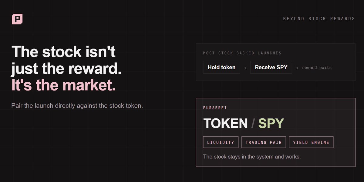 purserfi's tweet photo. Most “stock-backed” launches stop at rewards.

Hold token → receive some SPY/NVDA/etc.

Purserfi takes it further.

Pair the launch directly against the stock token.

Now the stock isn’t just a reward.

It becomes the liquidity, the trading pair and part of the yield engine. https://t.co/fSSJ5hLXuZ
