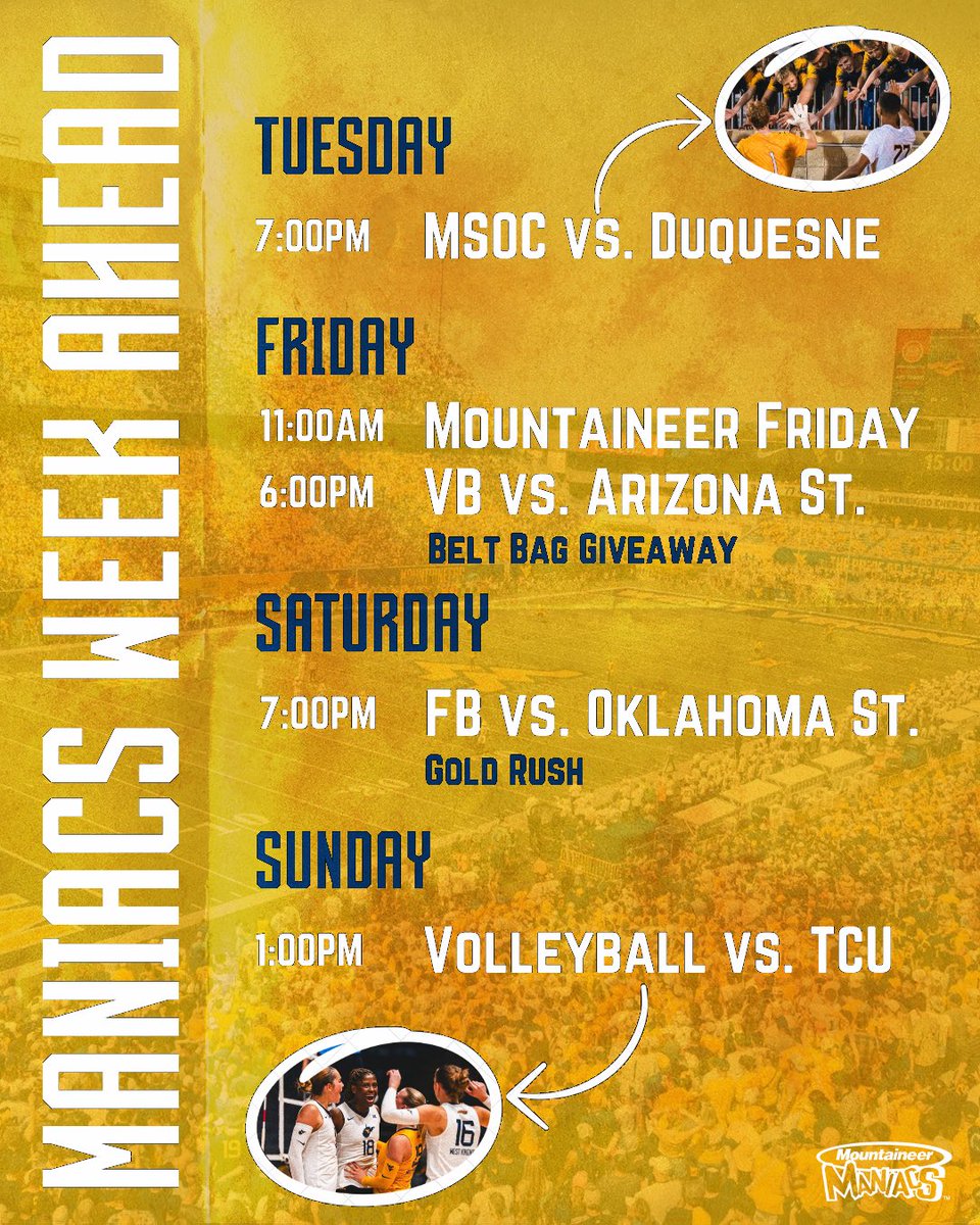 WVUMANIACS's tweet photo. A glimpse into this week! 
#WVUManiacs https://t.co/NmTqPWqePU