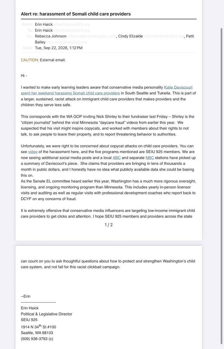 BrandiKruse's tweet photo. EXCLUSIVE: Powerful union @SEIU blasted @KatieDaviscourt and @nickshirleyy in an email to Washington state lawmakers, calling their childcare investigations “racist attacks on immigrants.” Sounds like they want WA to pass a version of the Stop Nick Shirley Act.  https://t.co/8xU6EXHBCL