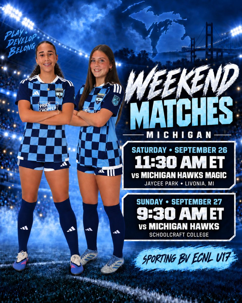 sbvecnl2028's tweet photo. Michigan Weekend 🔵⚫️

Sporting BV ECNL U17 heads north for two big matches:

Sat 9/26 — 11:30 AM vs Michigan Hawks Magic (Jaycee Park)
Sun 9/27 — 9:30 AM vs Michigan Hawks (Schoolcraft College)

Let’s get after it. #SportingBV #ECNL #Gameday https://t.co/nBLkzCj7y8