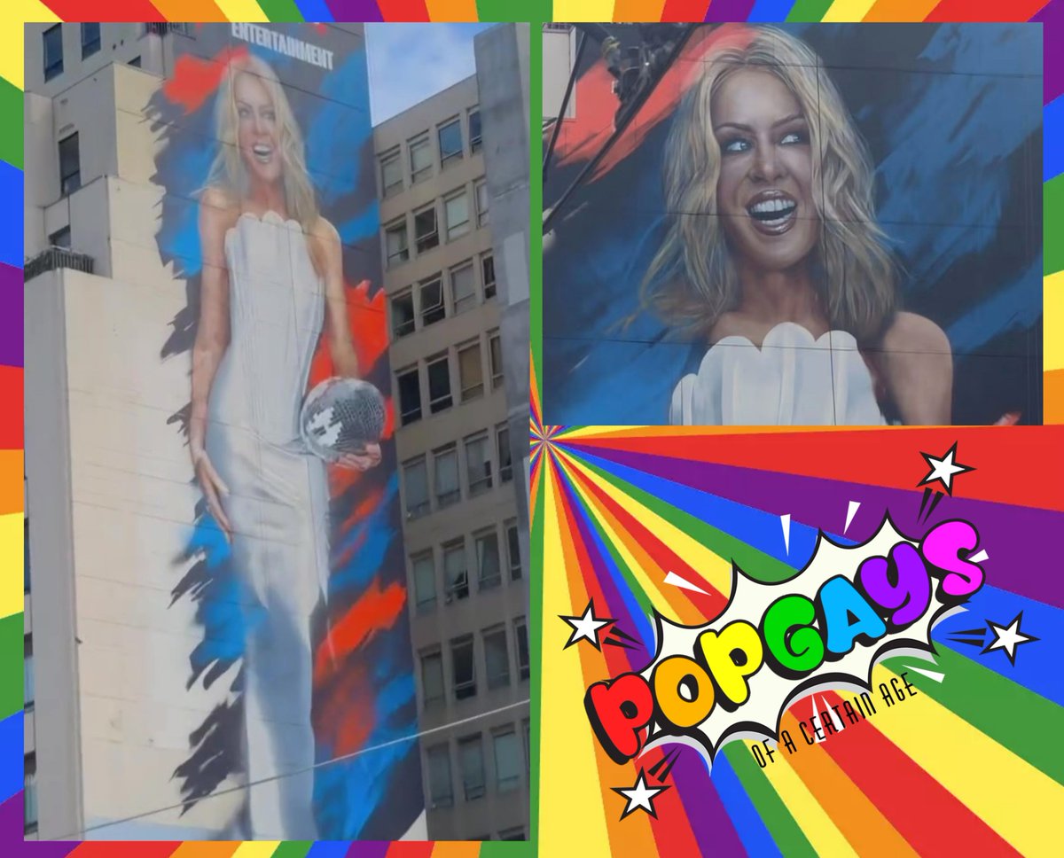 PopGays's tweet photo. Guys! Gays! Gals! Theys! &amp; Thems!
What is your honest opinion of this giant  #kylieminogue  mural in Melbourne ahead of her pre game show? https://t.co/VFZX95IoXg