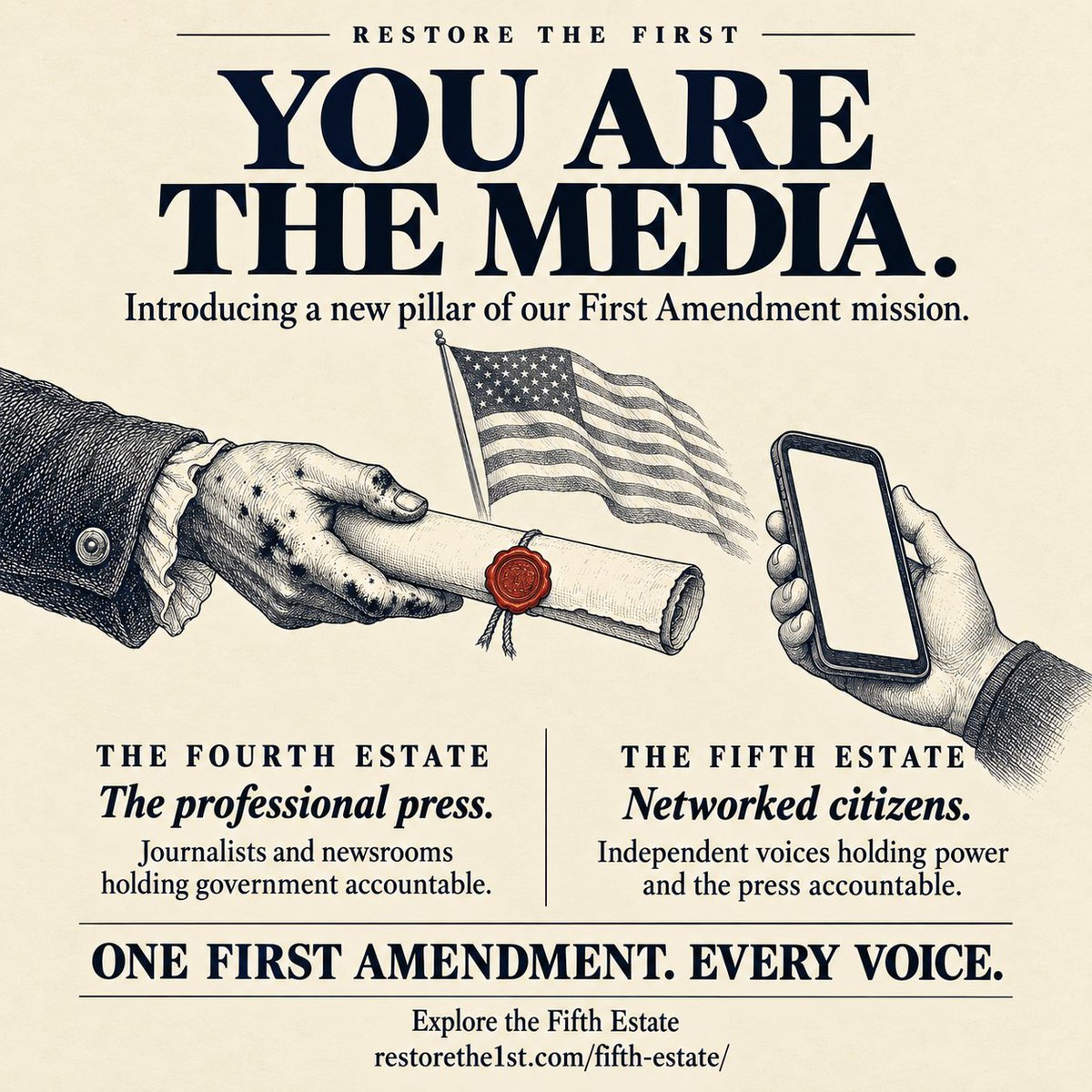 restorethe1st's tweet photo. 🗽 The Fourth Estate holds power accountable.
The Fifth Estate holds power—and the press—accountable.

YOU are the media.

Introducing a new pillar of Restore the First: protecting our freedom to investigate, publish, and challenge power.

Meet the voices. Take the pledge:
https://t.co/63MgsEfQXk