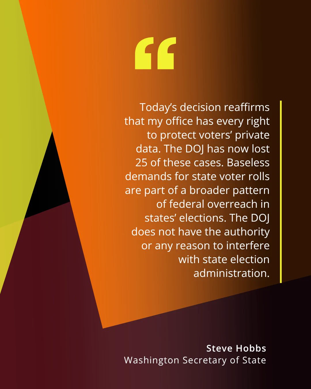 A graphic displaying a quote from Steve Hobbs, Washington Secretary of State, on an abstract background with orange, yellow, and brown shapes. The quote discusses protecting voters' private data and criticizes federal overreach in state elections.