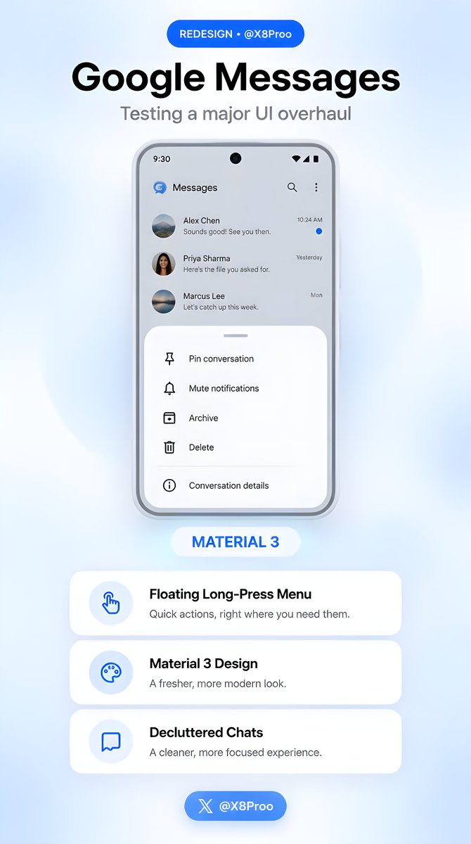 X8Proo's tweet photo. Google Messages is finally fixing something that should've been fixed years ago 💀

new redesign test:

 floating menu under the message you long-press
 Material 3 elements
 decluttered chat window

one-handed usability in 2026

better late than never I guess 🤷‍♂️

#Google #GoogleMessages #Android