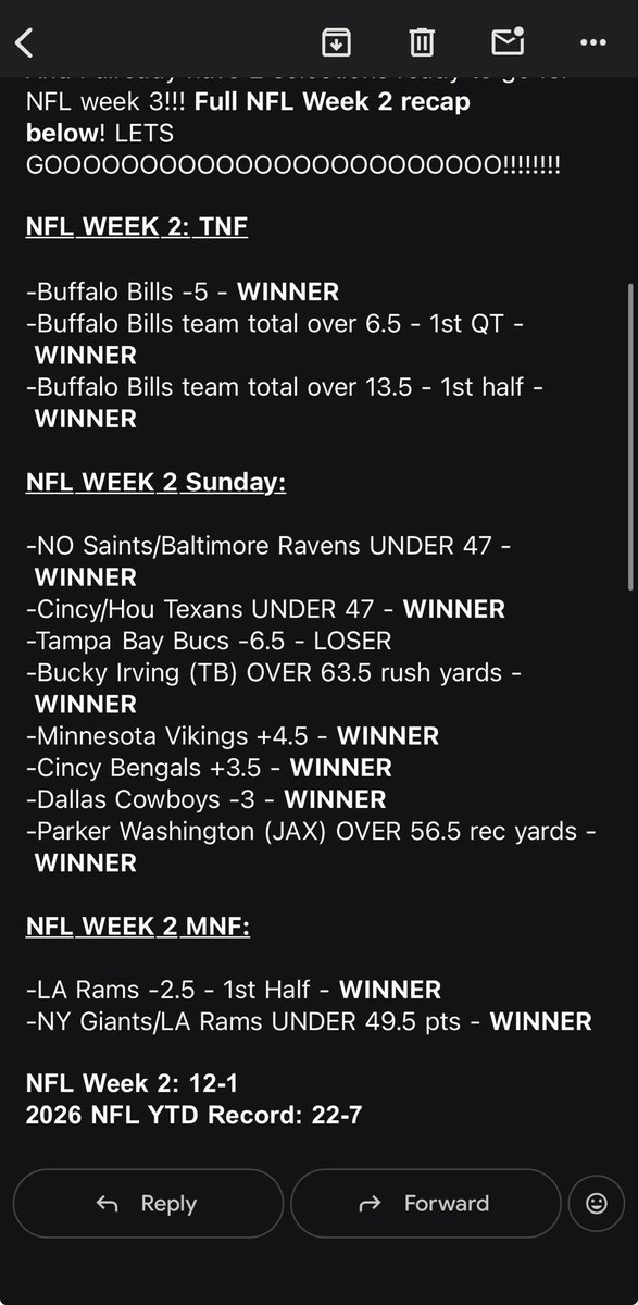 manwithdapicks's tweet photo. 12-1 record in NFL week 2 After an MNF 2-0 SWEEP!

🏈NFL MNF WEEK 2🏈

-LA Rams -2.5 - 1st Half✅
-NY/LAR UNDER 47.5 pts✅

A $100 bettor up nearly $1,300, $1,000 bettor up $13,000 in week 2!

Nobody knows NFL like we do! NOBODY!! No games no gimmicks…

JUST WINS BABYYYYY!!!🏈🙌🏼 https://t.co/6Y0vdZ2IVd