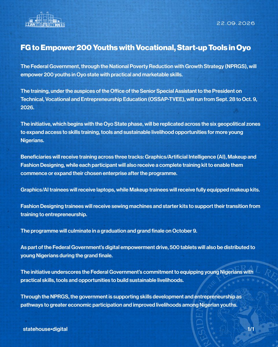 NGRPresident's tweet photo. FG to Empower 200 Youths with Vocational, Start-up Tools in Oyo. https://t.co/z4vld0HmEj