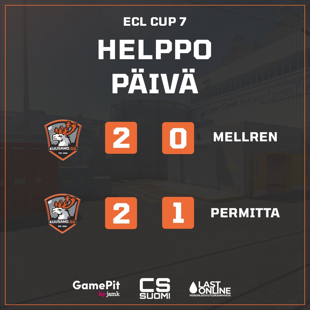 KUUSAMOgg's tweet photo. Nättiä tekemistä läpi pelipäivän!
3/3 ottelua voitettu ja ECL Playoffit kutsuu 🥳
#KUUSAMOgg #esportsfi #cs2fi https://t.co/HnOEtJwKaq