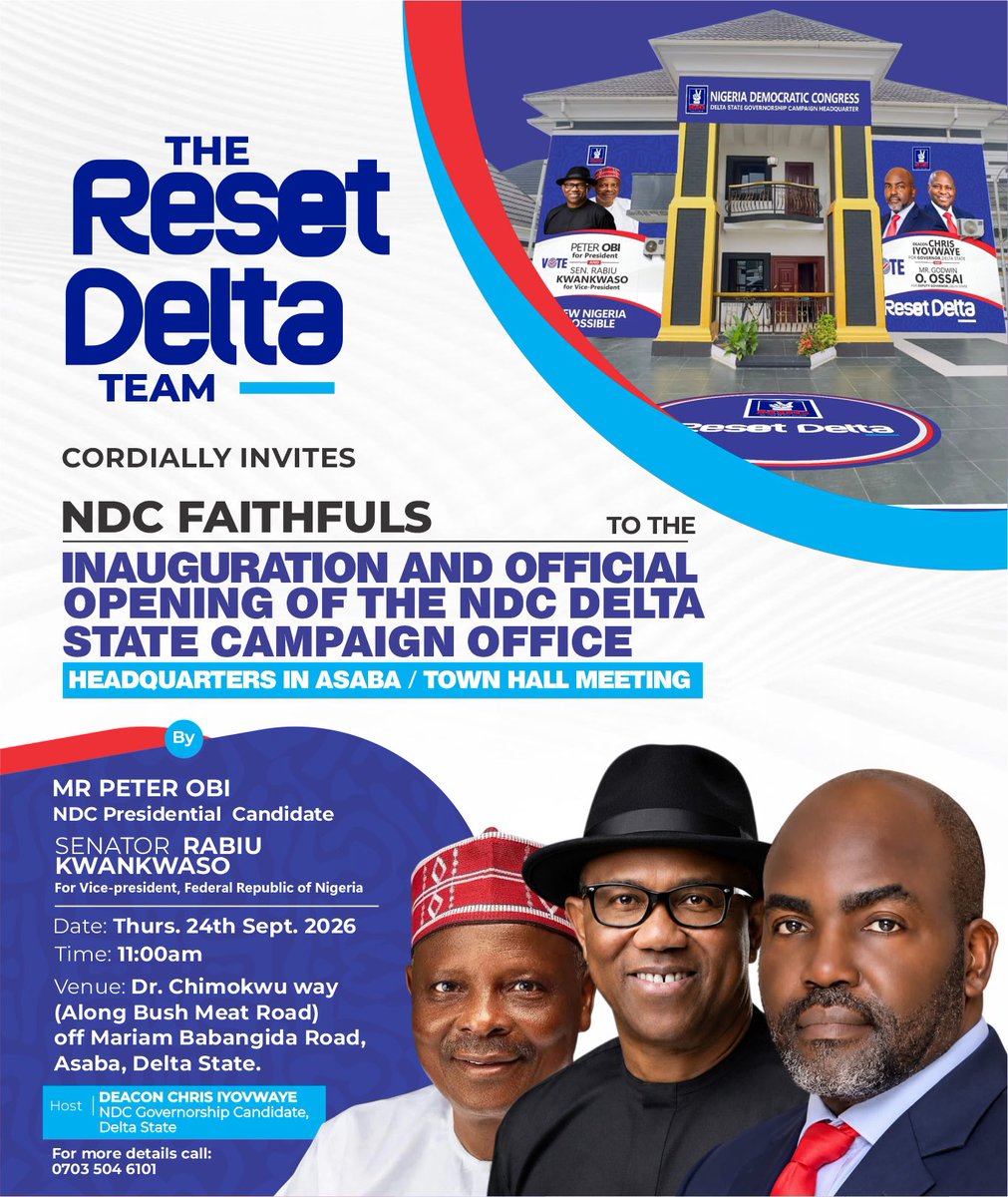 Morris_Monye's tweet photo. HE Peter Obi will be live in Delta state. 

I urge all Obidients and NDC members to come welcome him.  

Thank you. https://t.co/no77C6iVau