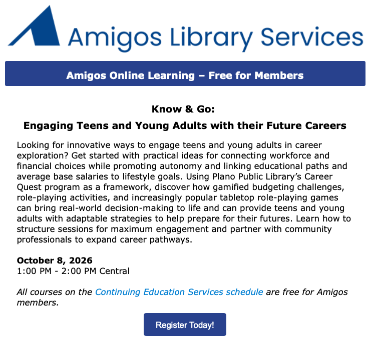 AmigosLibServ's tweet photo. https://t.co/V1x5MpoRsD #AmigosLiveOnline #librarylearning #continuingEd #AmigosContEd https://t.co/TpeDm2V9hx