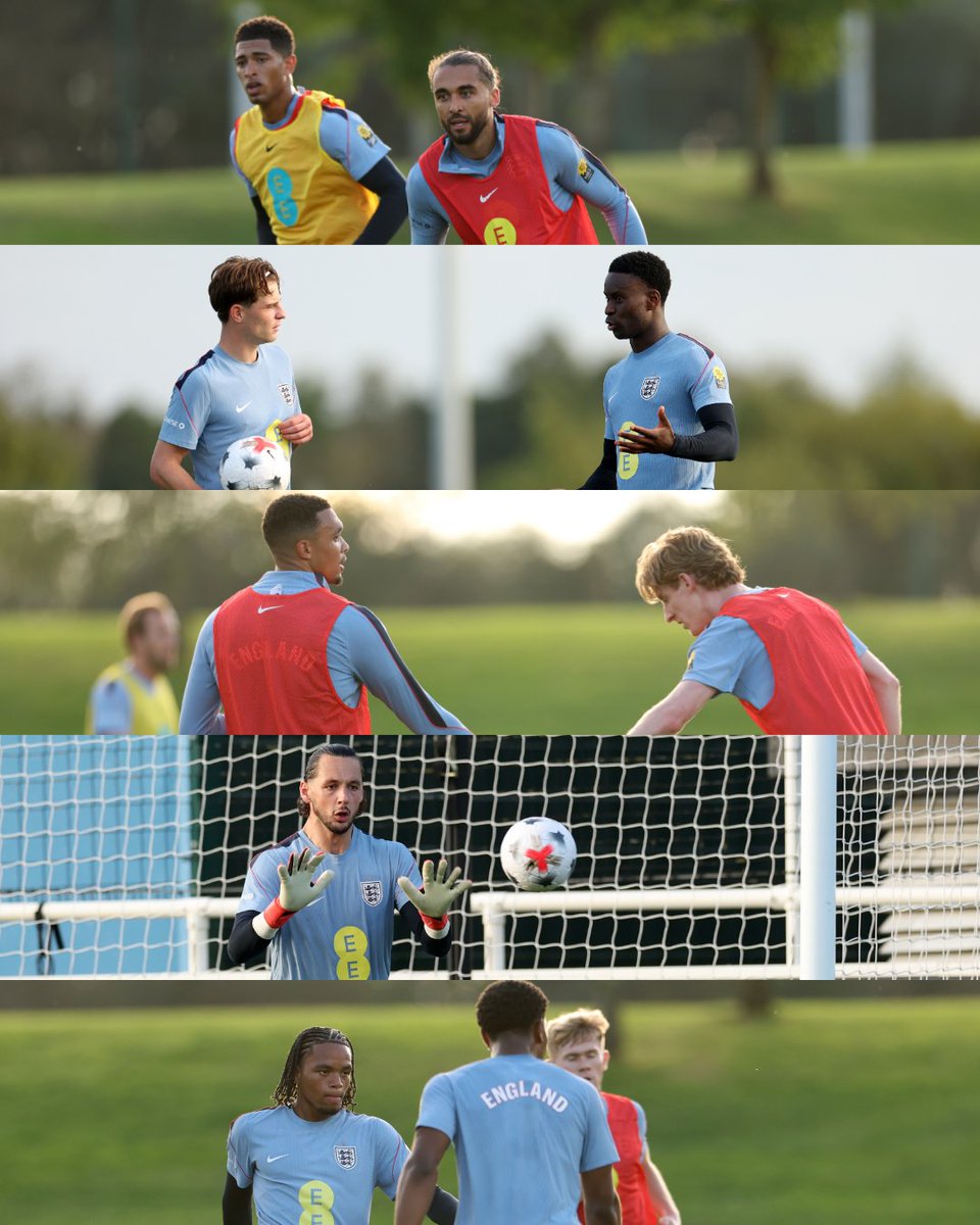 A five-way split image showing England players in training.
Players from top to bottom: Jude Bellingham, Dominic Calvert-Lewin, Alex Scott, Marc Guéhi, Trent Alexander-Arnold, Anthony Gordon, James Trafford, Rio Ngumoha, Lewis Hall.