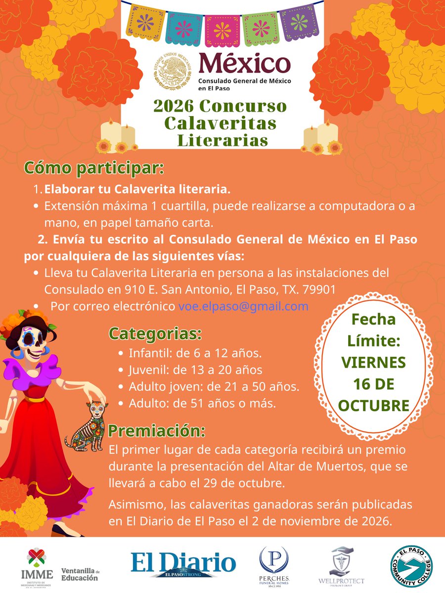 ConsulmexElPaso's tweet photo. 💀🌸 ¡Saca la pluma, deja volar tu imaginación y dedícale un verso a la Flaca!

Participa en el Concurso de Calaveritas Literarias “Tradición de mi México” y celebra con creatividad una de nuestras tradiciones más queridas.

📅 Fecha límite: viernes 16 de octubre

@IME_SRE https://t.co/wNZV15f1St
