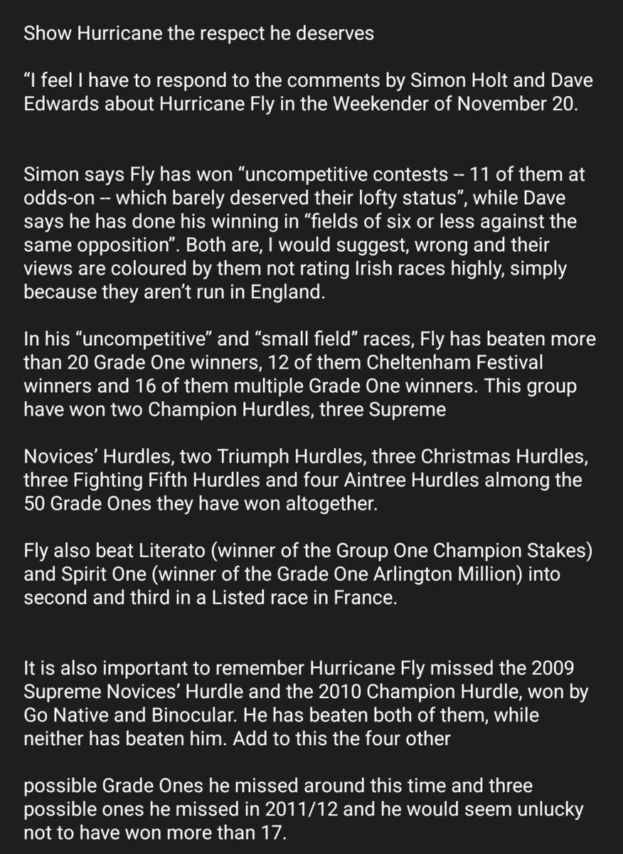 dec_car's tweet photo. Not as good as Patrick. Here's his letter to @RacingPost about the lack of respect shown to Hurricane Fly during his career https://t.co/oopz4YnQtN