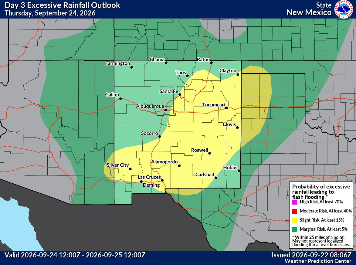 granttosterudwx's tweet photo. ⚠️ A high flash flooding threat will continue across New Mexico through Thursday.

A Moderate Risk is in place across southern NM today, then shifts and expands across central and eastern NM Wednesday.

With very wet ground, it may not take much rain to cause flooding. 🌧#NMwx https://t.co/vUKOIDOT8p